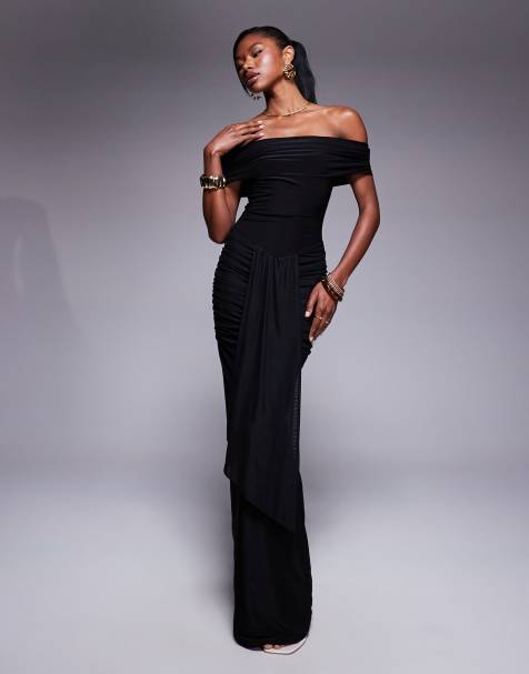 Kaiia exclusive double layered slinky bardot ruched skirt waist drape detail maxi dress in black  