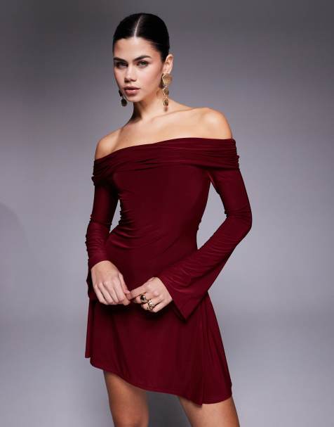 Kaiia exclusive double layered slinky bardot skater mini dress in burgundy - view 1
