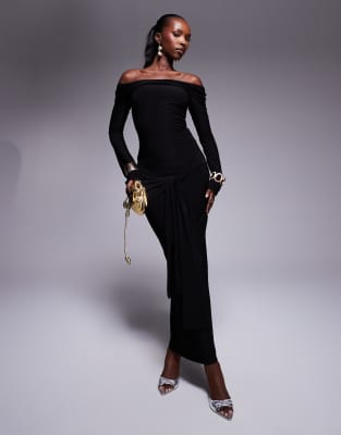 exclusive double layered slinky bardot tie side drape detail maxi dress in black