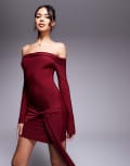 [Kaiia] Kaiia exclusive double layered slinky bardot tie side drape detail mini dress in burgundy 16 BURGUNDY