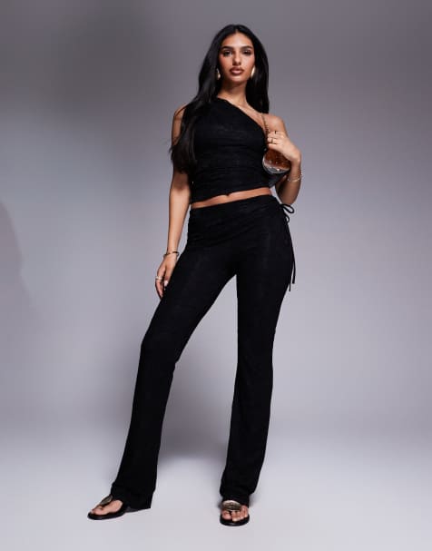 Kaiia exclusive double layered slinky belt detail lace trouser co-ord in black 