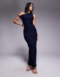 [Kaiia] Kaiia exclusive double layered slinky bodycon off shoulder twist strap maxi dress in navy 14 NAVY