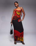 [Kaiia] Kaiia exclusive double-layered slinky cami ruffle detail cowl back maxi dress in red floral 6 RED