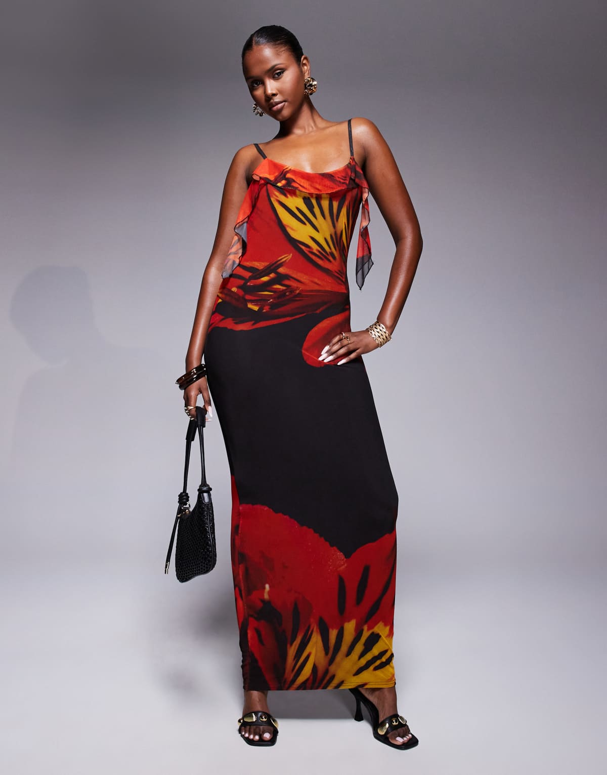 Kaiia exclusive double layered slinky cami ruffle detail cowl back maxi dress in red floral