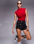 [Kaiia] Kaiia exclusive double-layered slinky cap sleeve high neck top in dark cherry 4 Dark Cherry