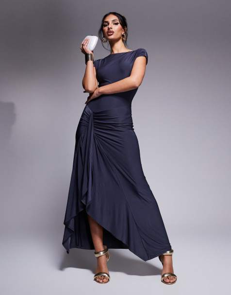 Kaiia exclusive double layered slinky cap sleeve side split drape detail maxi dress in charcoal - view 1
