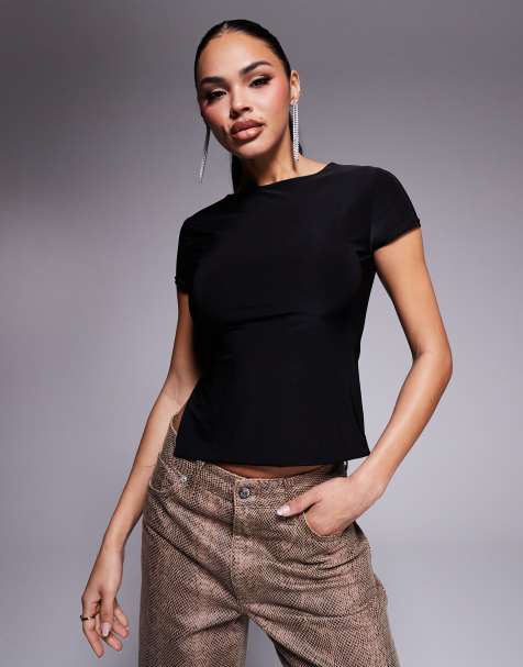 Kaiia exclusive double-layered slinky cap sleeve side split top in black - view 1