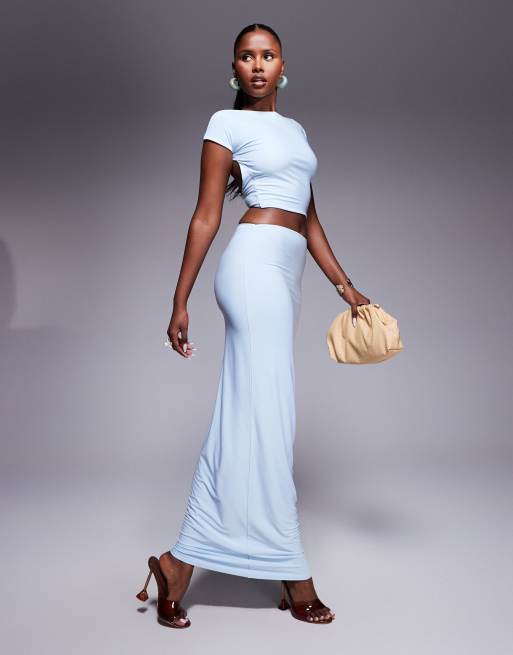 Kaiia exclusive double layered slinky column maxi skirt co-ord in baby blue , 4 of 5