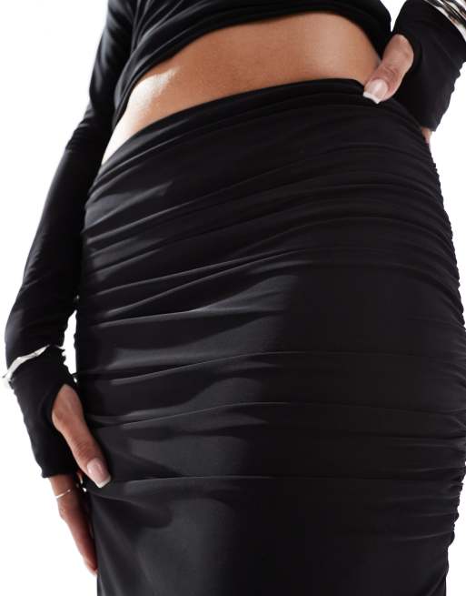 Kaiia exclusive double layered slinky column maxi skirt co-ord in black  , 4 of 5