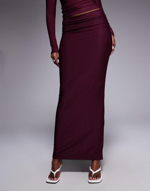 Kaiia exclusive double layered slinky column maxi skirt co-ord in dark cherry, 3 of 5