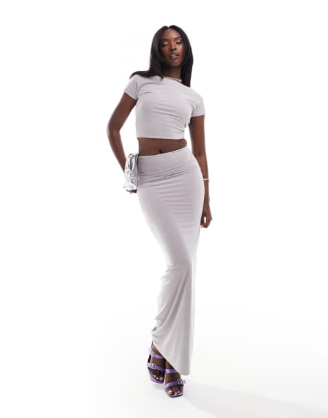 Kaiia exclusive double layered slinky column maxi skirt co-ord in light grey - view 1