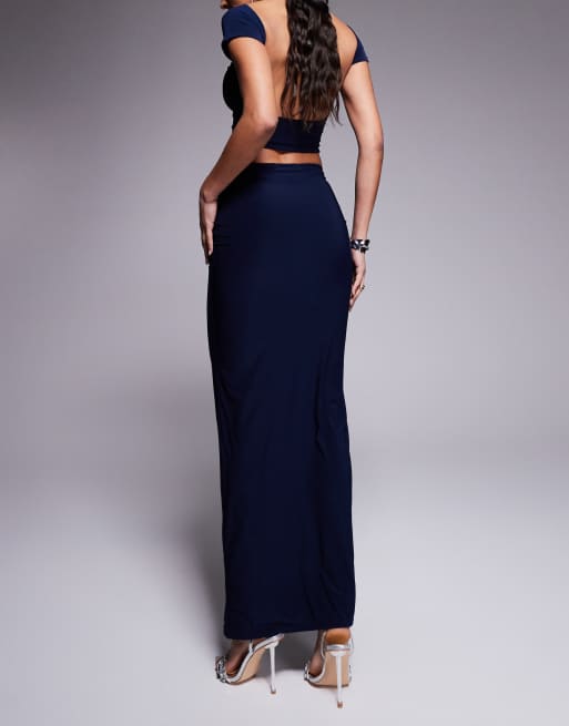 Kaiia exclusive double layered slinky column maxi skirt co-ord in navy , 4 of 5
