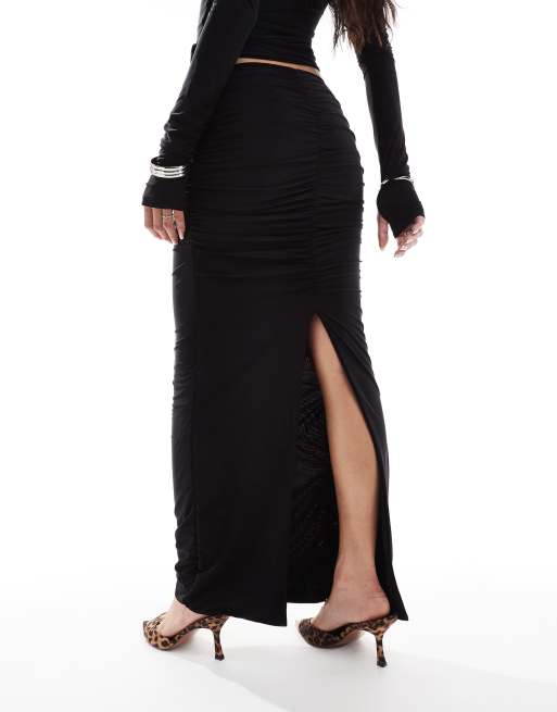 Kaiia exclusive double-layered slinky column maxi skirt in black (Part of a set)  , 3 of 5