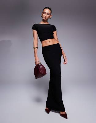 exclusive double layered slinky column maxi skirt in black - part of a set