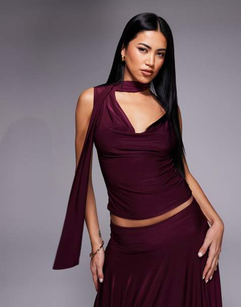 Kaiia exclusive double layered slinky cowl neck scarf detail top co-ord in dark cherry