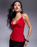 [Kaiia] Kaiia exclusive double-layered slinky cowl neck tie back top in cherry red 16 Cherry