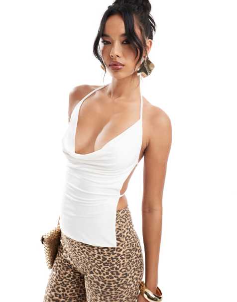 Kaiia exclusive double layered slinky cowl neck tie back top in white - view 1
