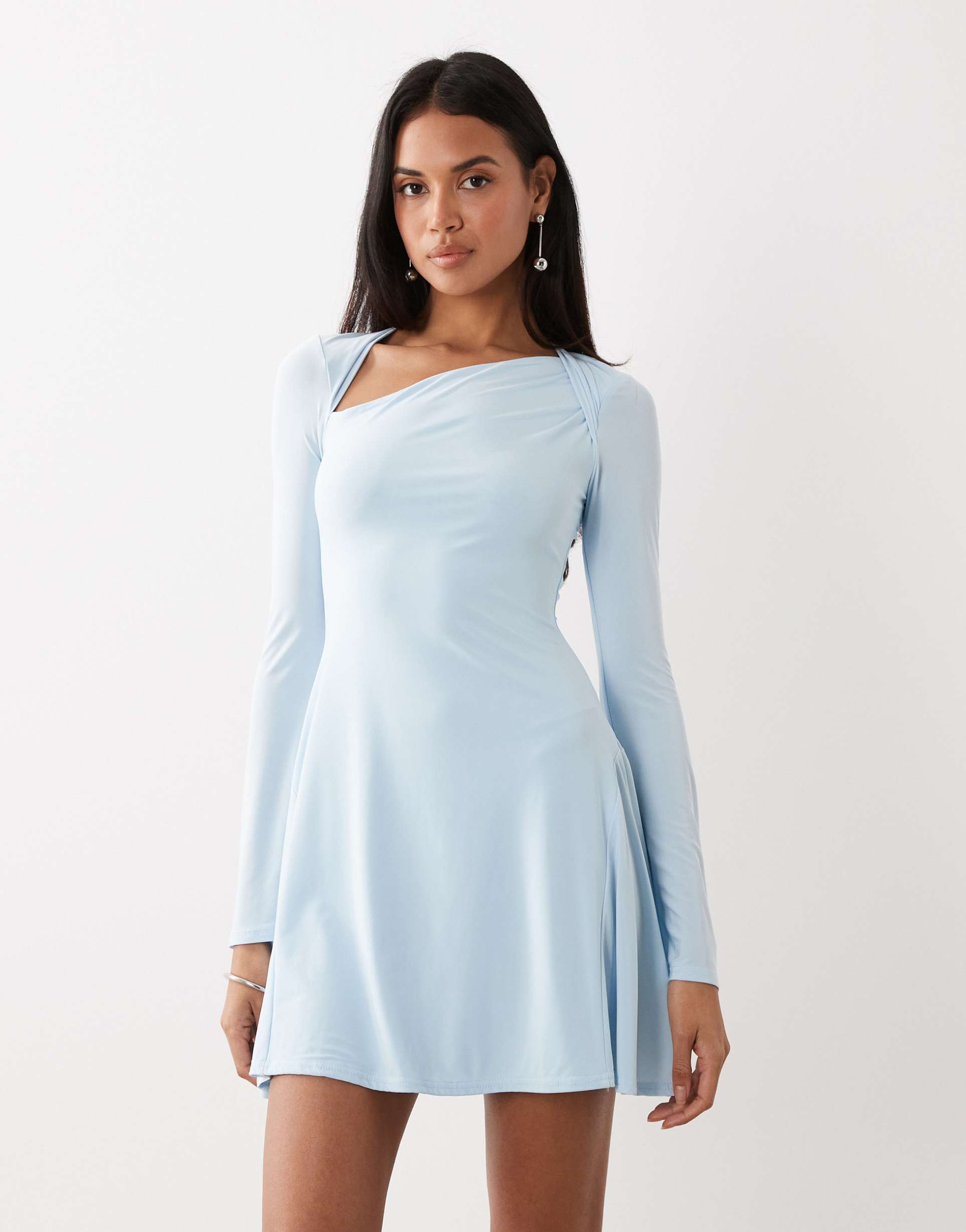 kaiia exclusive double layered slinky cross neck cutout detail long sleeve skater mini dress in baby blue