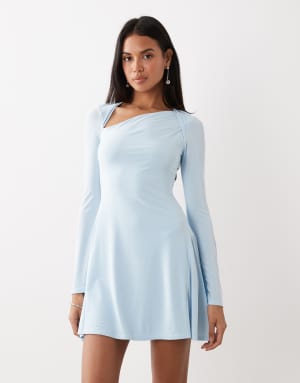 Kaiia exclusive double layered slinky cross neck cutout detail long sleeve skater mini dress in baby blue