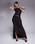 [Kaiia] Kaiia exclusive double-layered slinky drape detail maxi skirt in chocolate (Part of a set)-Brown 8 Chocolate