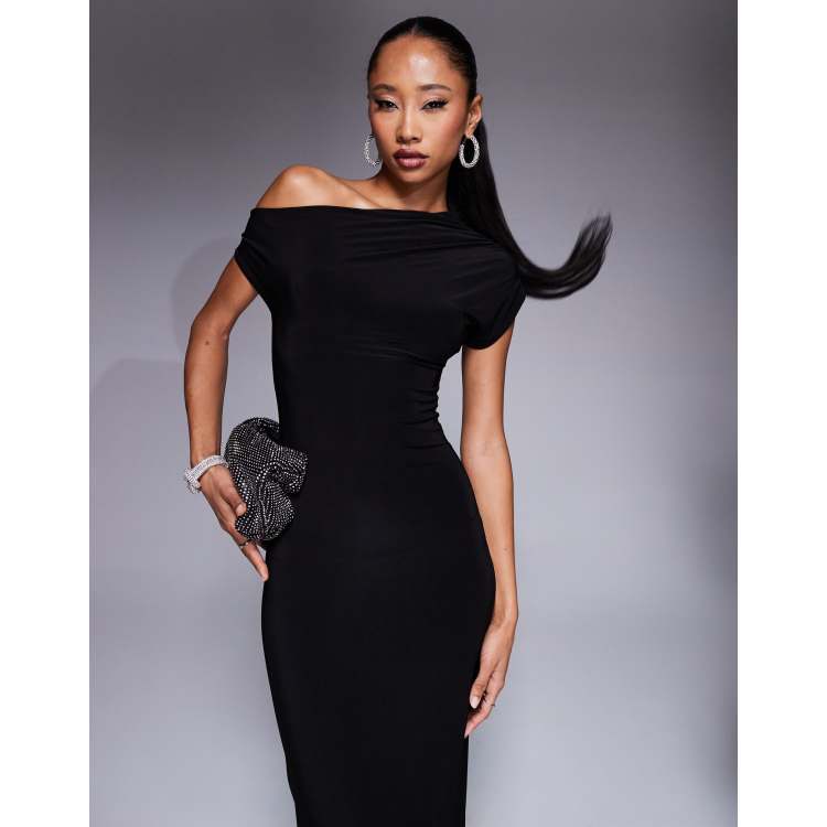 【COYSEIO】 DRAPING DRESS BLACK Kaiia exclusive double layered slinky drape off shoulder