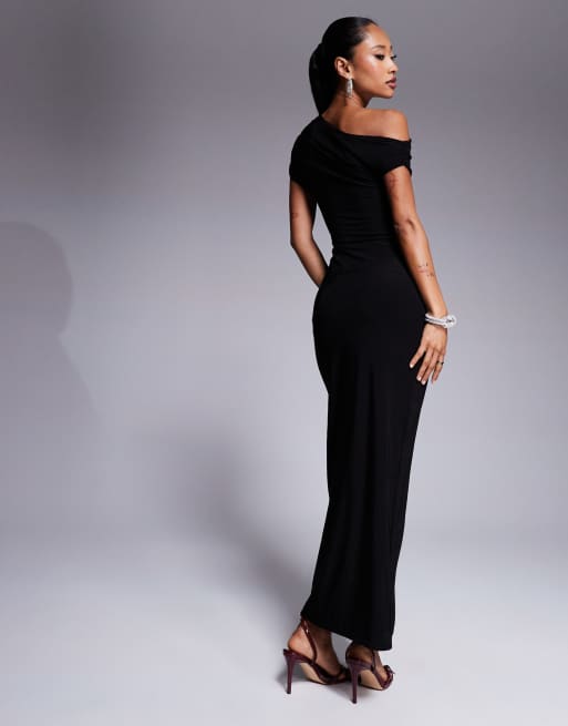 Kaiia exclusive slinky drape off shoulder bodycon maxi dress in black
