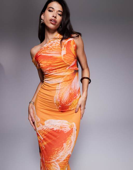Kaiia Exclusive double layered slinky drape off-shoulder maxi dress in orange floral