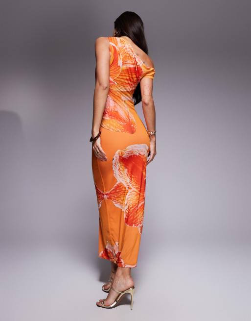 Kaiia exclusive double layered slinky drape off shoulder maxi dress in orange floral, 3 of 4