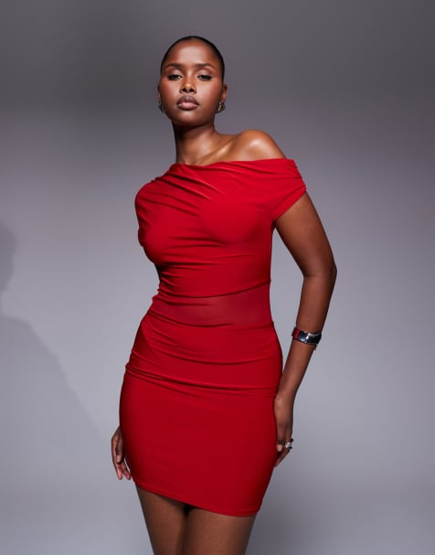 Kaiia exclusive double layered slinky drape off shoulder mesh panel mini dress in red - view 1