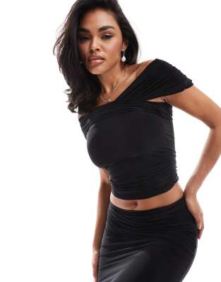 exclusive double layered slinky drape off shoulder top in black - part of a set