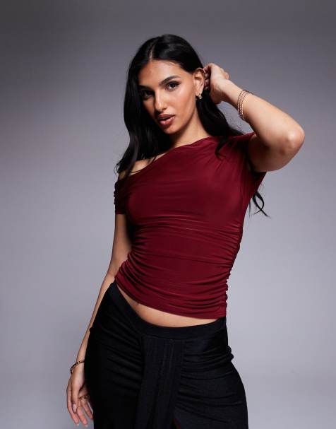 Kaiia exclusive double-layered slinky drape off-shoulder top in burgundy - view 1