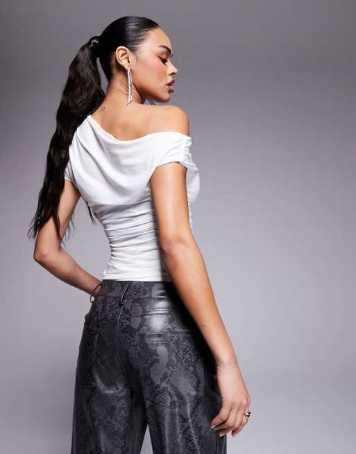 Kaiia exclusive double layered slinky drape off shoulder top in white  