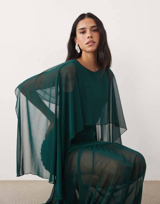 Kaiia exclusive double layered slinky drop waist floaty mesh cape overlay sheer hem maxi dress in emerald, 2 of 4