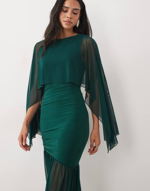 Kaiia exclusive double layered slinky drop waist floaty mesh cape overlay sheer hem maxi dress in emerald, 3 of 4