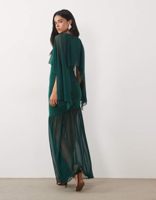 Kaiia exclusive double layered slinky drop waist floaty mesh cape overlay sheer hem maxi dress in emerald, 4 of 4