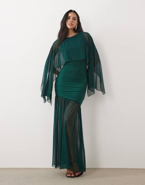 Kaiia exclusive double layered slinky dropped waist floaty mesh cape overlay sheer hem maxi dress in emerald - view 1