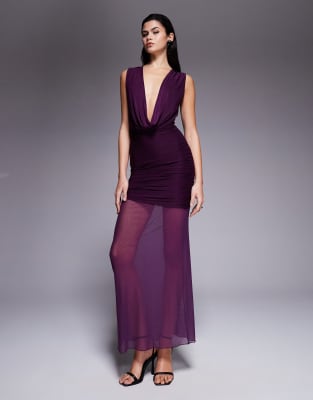 Kaiia Exclusive Double Layered Slinky Extreme Cowl Neck Sheer Hem Maxi Dress In Purple