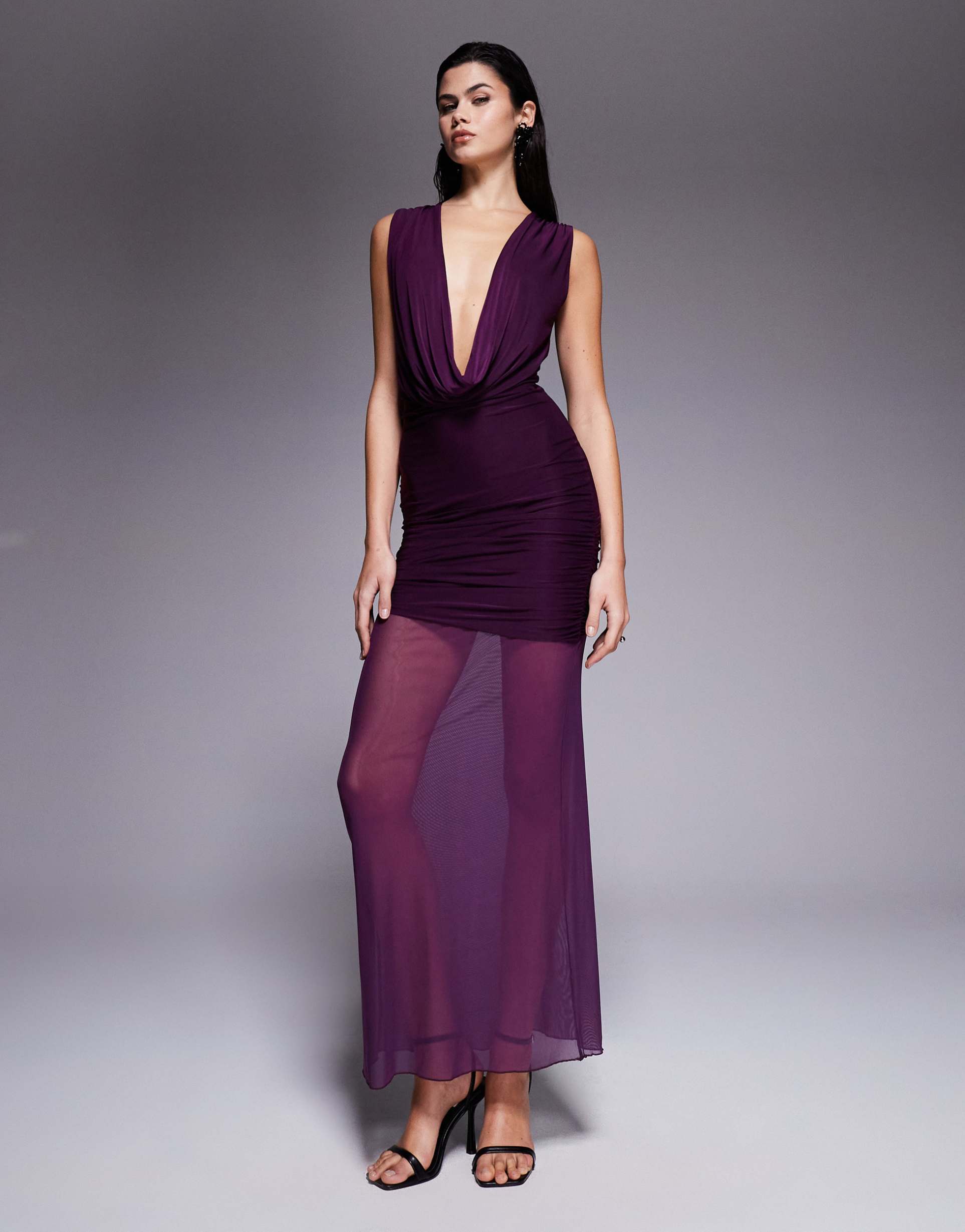 kaiia exclusive double layered slinky extreme cowl neck sheer hem maxi dress in plum