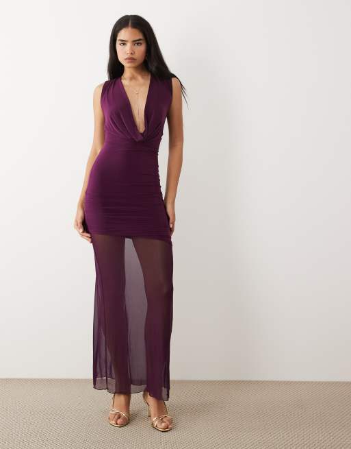 Kaiia exclusive double layered slinky extreme cowl sheer hem maxi dress in plum, 2 of 4