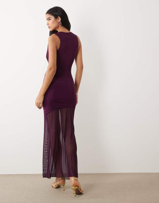Kaiia exclusive double layered slinky extreme cowl sheer hem maxi dress in plum, 4 of 4