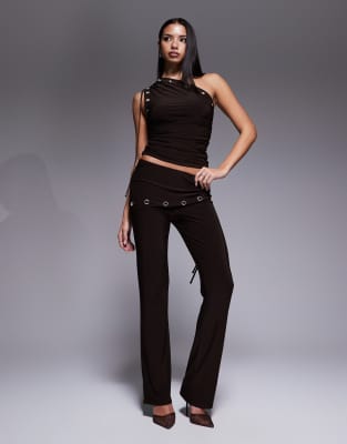 Kaiia Exclusive Double Layered Slinky Eyelet Detail Ruched One-shoulder Top In Brown