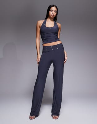 Kaiia Exclusive Double Layered Slinky Eyelet Detail Waistband Wide Leg Pants In Blue