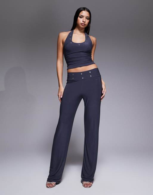 Kaiia exclusive double layered slinky eyelet detail waistband wide leg pants in grey (part of a set)