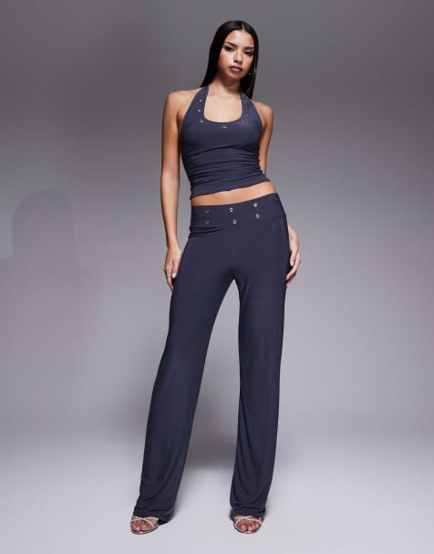 Kaiia exclusive double layered slinky eyelet detail waistband wide leg trousers co-ord in grey