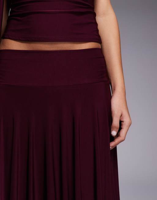 Kaiia exclusive double layered slinky fairy hem maxi skirt co-ord in dark cherry, 5 of 5