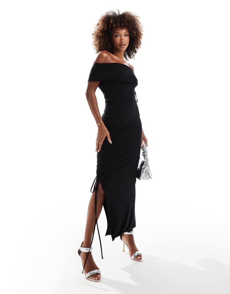 exclusive double layered slinky fold detail off shoulder maxi dress in black