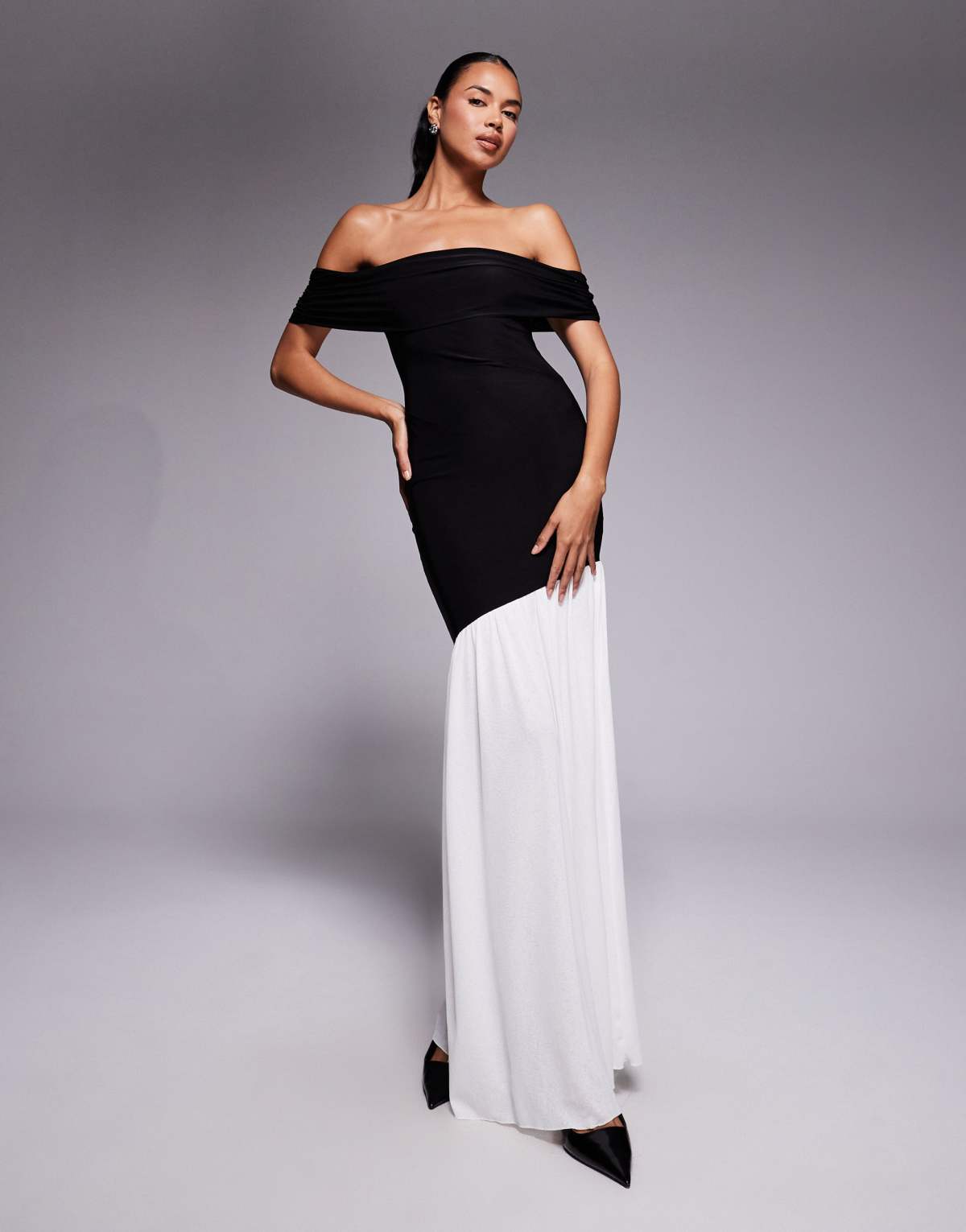 Kaiia exclusive double layered slinky foldover bardot asymmetric contrast hem maxi dress in mono
