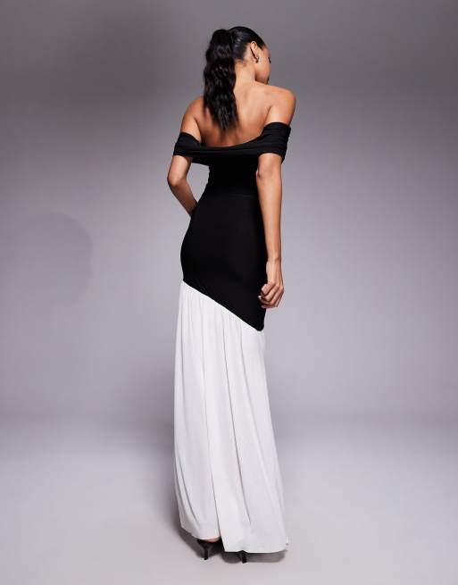 Kaiia exclusive double layered slinky foldover bardot asymmetric contrast hem maxi dress in mono, 3 of 4