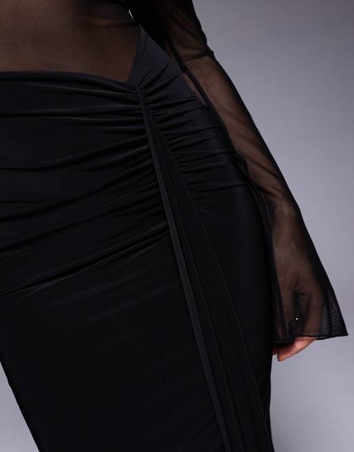 Kaiia exclusive double layered slinky foldover bardot sheer panel ruched skirt maxi dress in black, 3 of 4