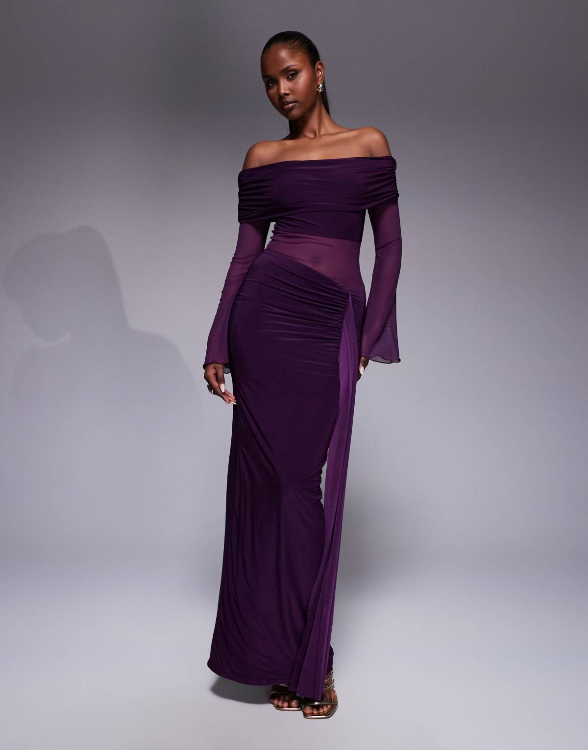 Kaiia exclusive double layered slinky foldover bardot sheer panel ruched skirt maxi dress in plum
